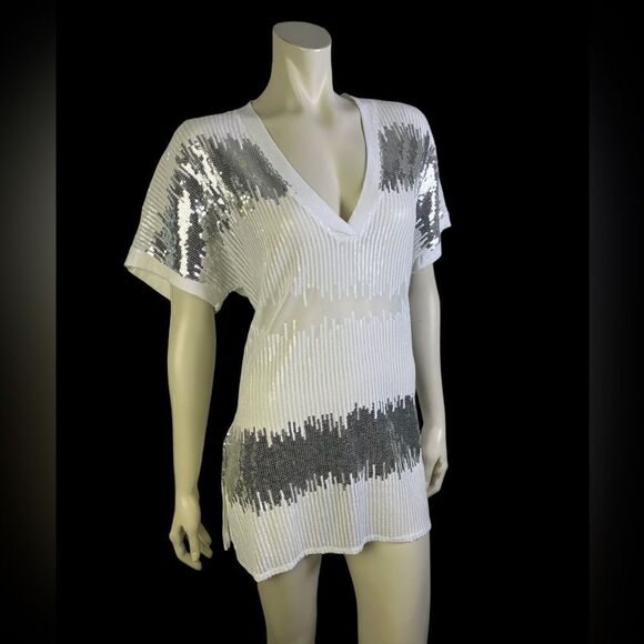 Awesome Bathing Suit Cover-up by INC NWT White/Silver Sequined Mesh Size Large - Picture 5 of 7